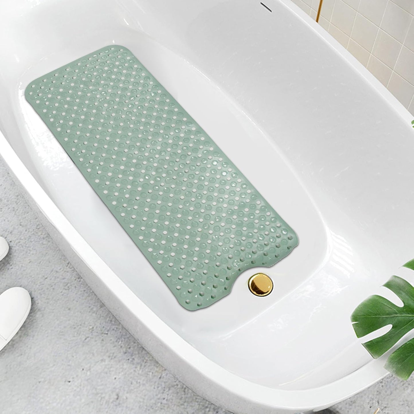 Bubble Bath Mat, Non Slip Shower Mat Extra Long 100 x 40 cm Tub Mat with Suction Cups - Anti Mold Rubber Shower Mat - Green