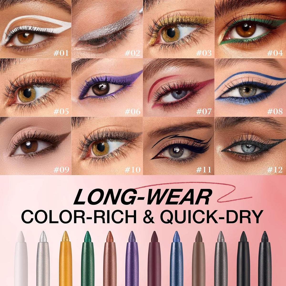Waterproof Gel Black Eyeliner Pencil, Twist-Up Smudge-Proof Eye Liner with Fine Tip, Smooth Creamy Formula for Precise Shimmer Lines, for Waterline and Daily Makeup (12 Black)