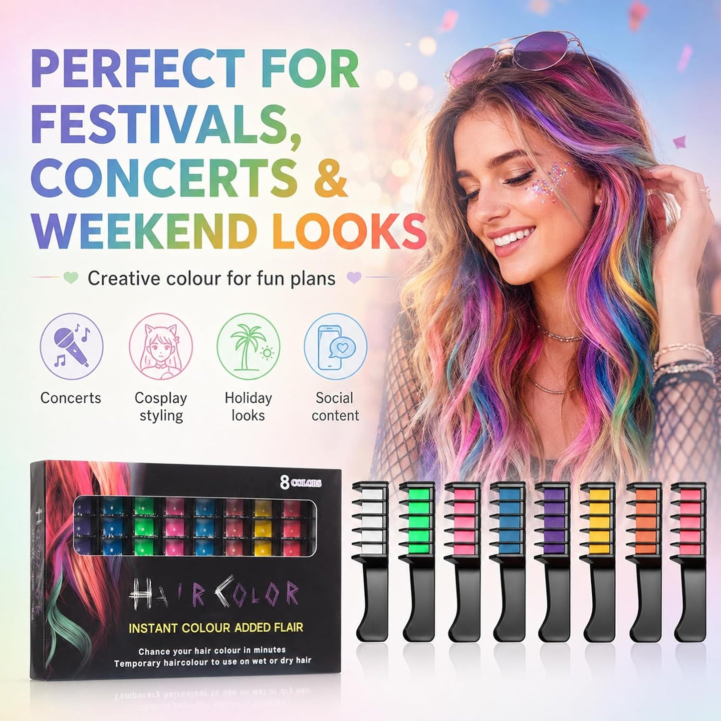 8PCS Rainbow Fun Washable Hair Chalk Comb Set - Easy-Glide Temporary Hair Colour for Layered Rainbow Streaks, Creative Festival Looks, Wash-Out Party Styling & Colourful Weekend Fun
