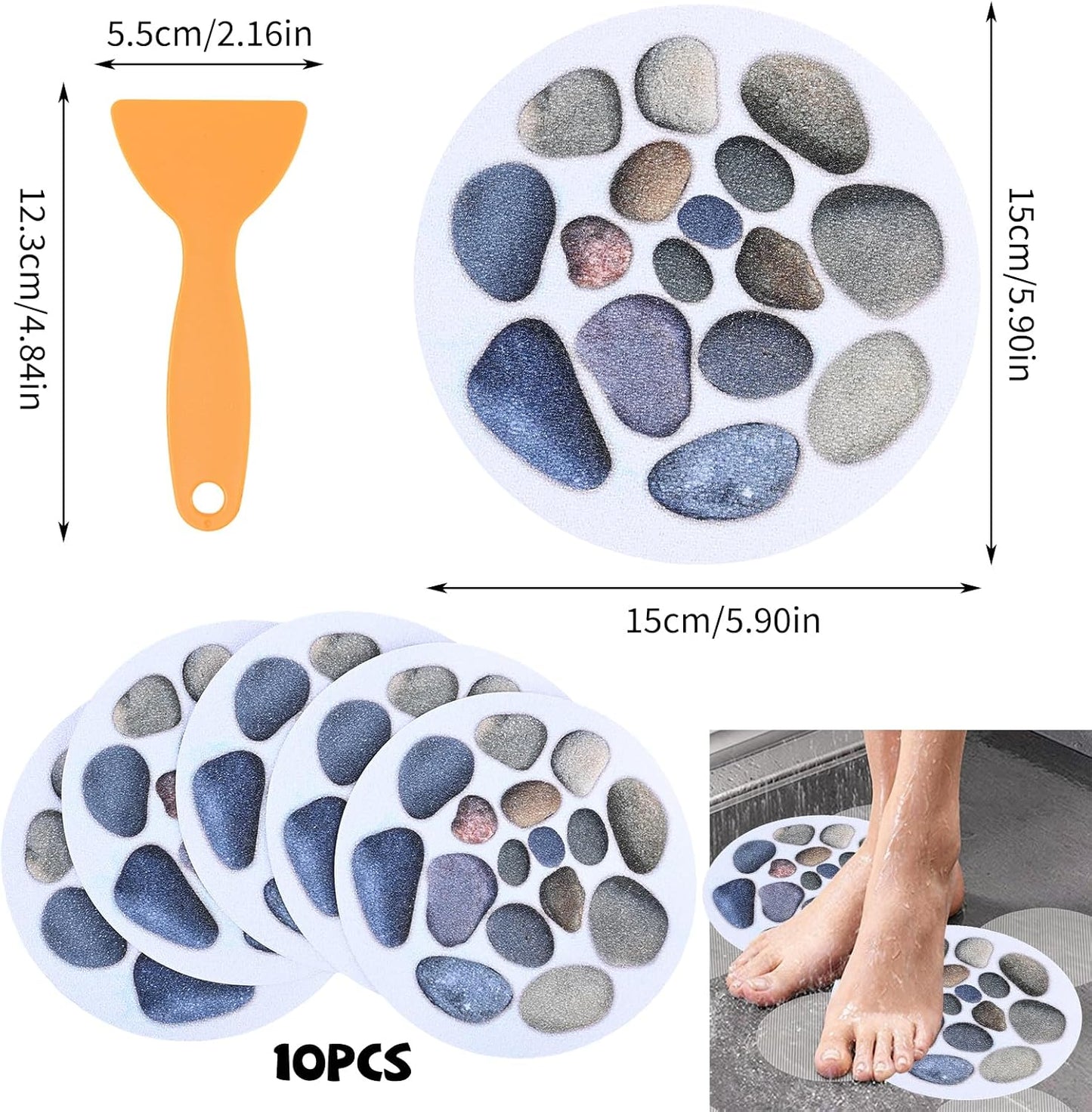 10 Pcs Non Slip Bath Stickers, Round Anti Slip Shower Stickers with Scraper, Self-Adhesive Safety Bathtub Treads for Bath Tub, Shower Room, Stairs and Slippery Surfaces (15cm Diameter)