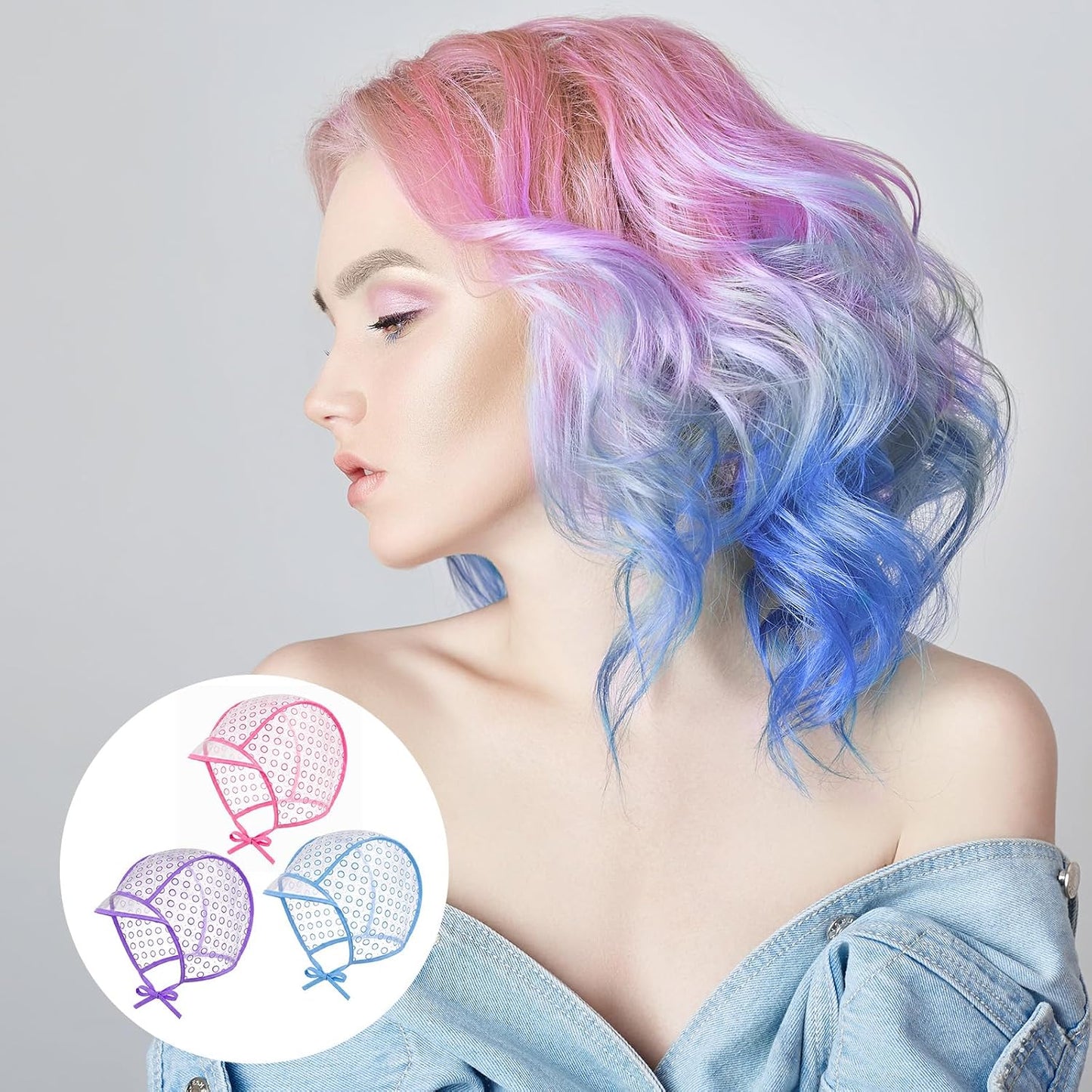 JJUNW 10 Pieces Highlighting Cap Hair Frosting Cap Highlight for Dye Color with 4 Pieces Plastic Hooks Hair Coloring Salon Hairdressing Tool Kit Supplies (Purple/Blue/Pink)