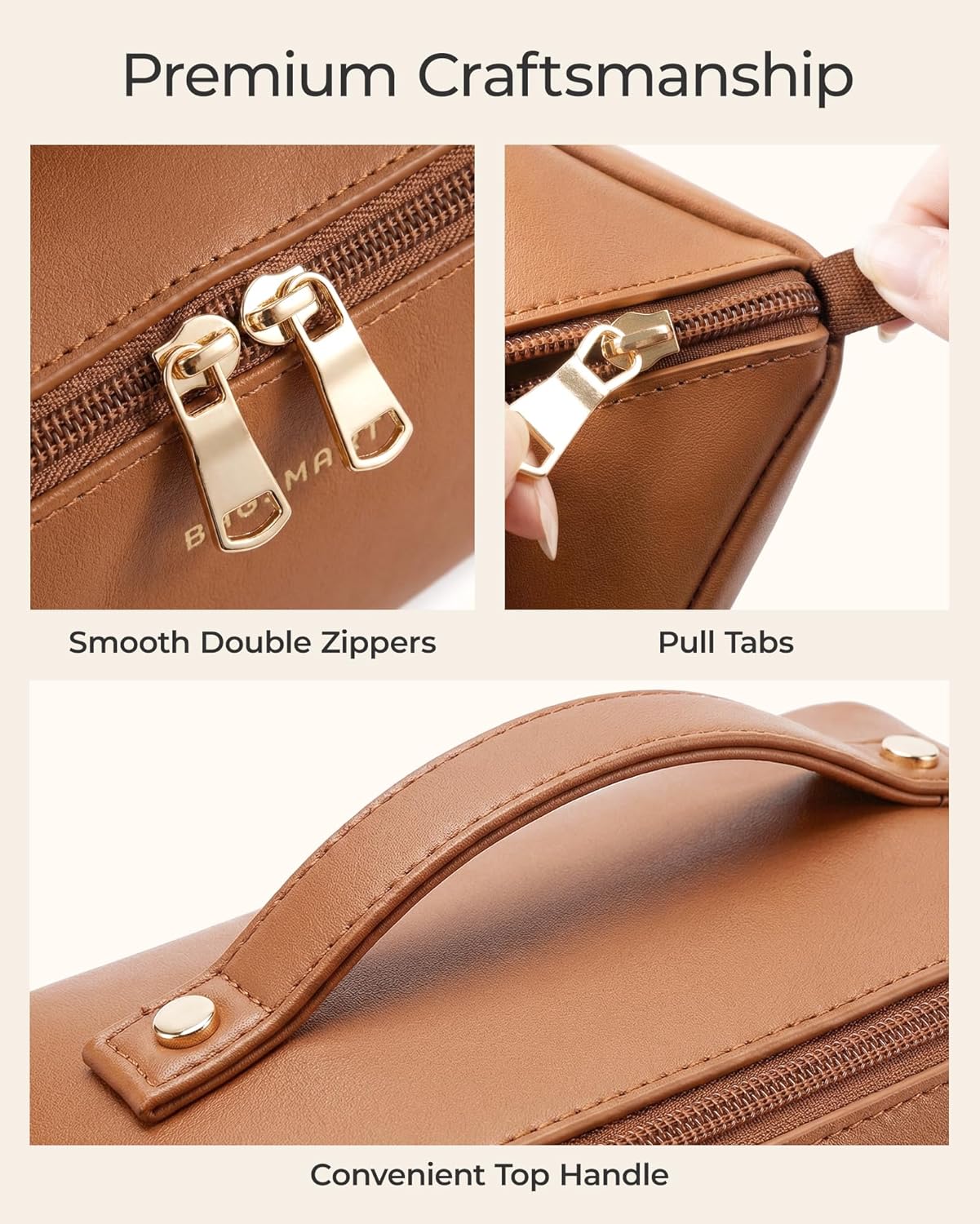 BAGSMART Travel Makeup Bag, Flat Lay Make Up Case, PU Leather Waterpoof Cosmetic Organiser with Clear Pocket for Brushes, Small Toiletry Bag with Handle, Essential for Women, Camel