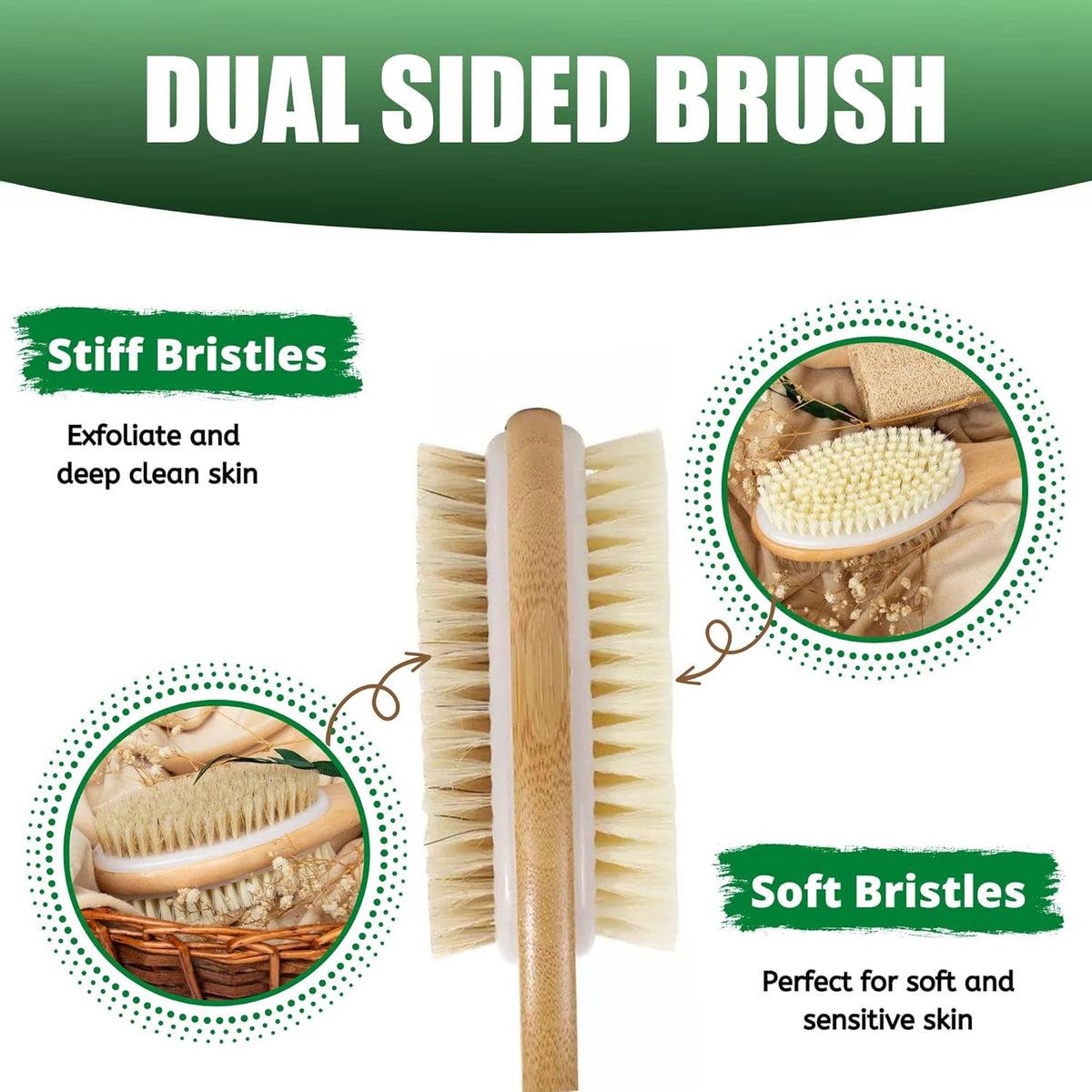 Back Scrubber, 43cm Long Wooden Double-Sided Shower Body Brush with Soft Bristles For Sensitive Skin and Stiff Bristles for Exfoliating Skin