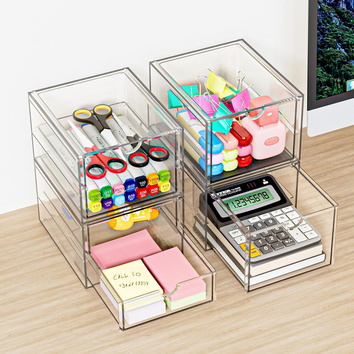 4 Pack Stackable Storage Drawers, Acrylic Cosmetic Drawer, Clear Desk Accessories, Latest Model Dustproof Drawer Storage for Dresser, Bathroom