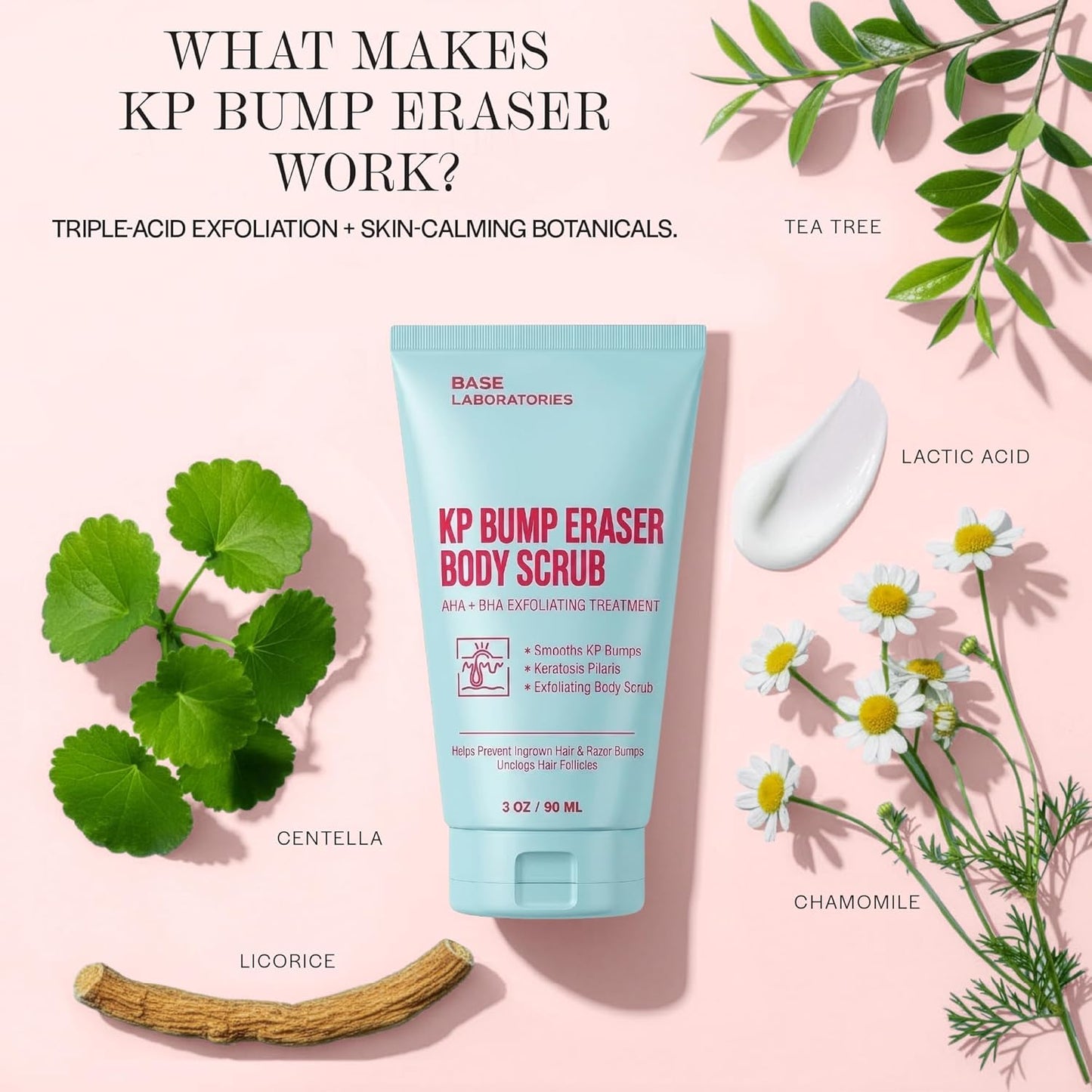 Base Laboratories Ingrown Hair - KP Bump Exfoliating Body Scrub - with AHA+BHA - Keratosis Pilaris Treatment - Daily Skin Exfoliant - Helps Reduce Strawberry Skin & Razor Bumps - Men & Women 90ml