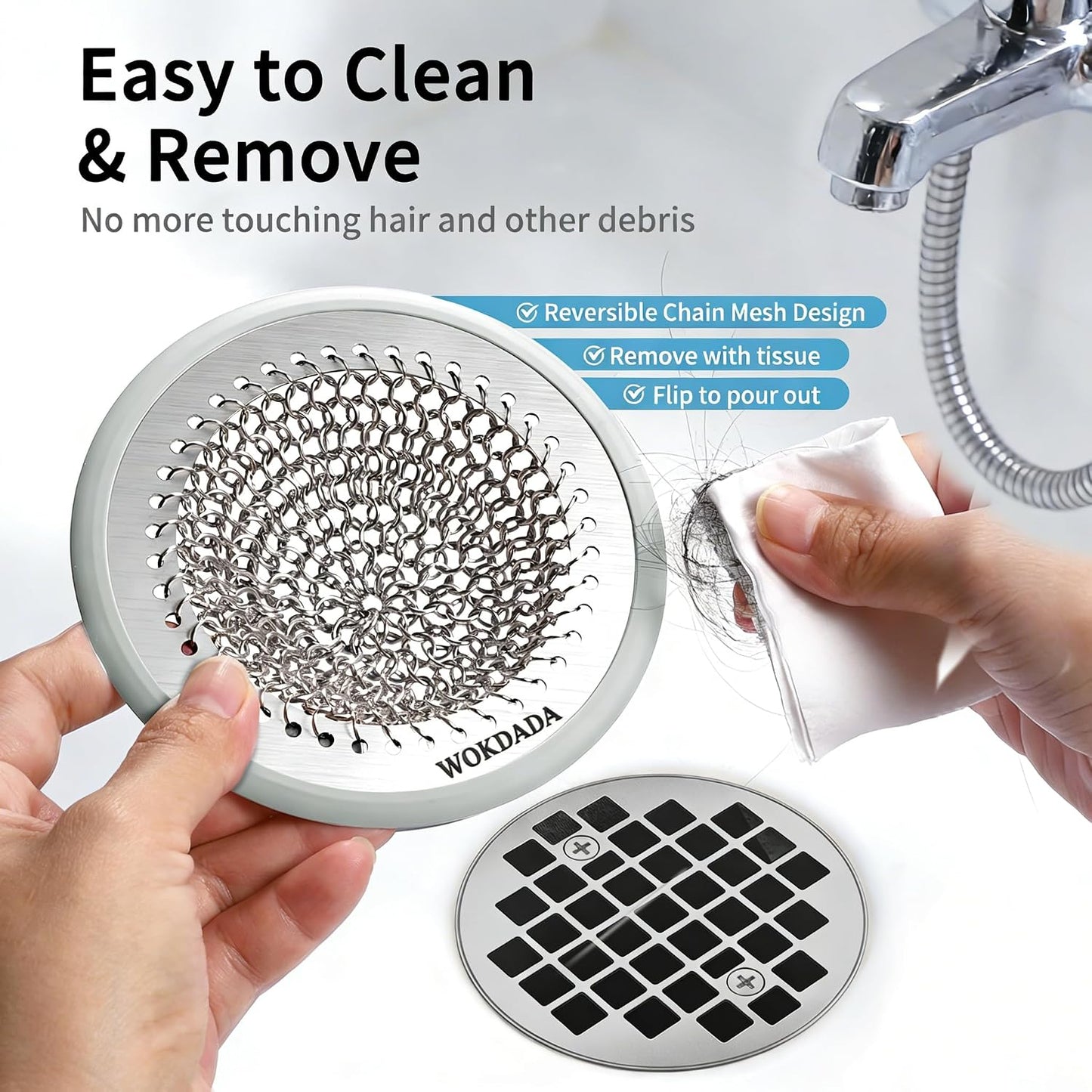 WOKDADA Shower Drain Hair Catcher, Non-Slip Shower Drain Cover, Anti-Clogging Stainless Steel Drain Protector, Bathroom Accessory for UK Standard Flat Drains of Bathroom (Patented Product)