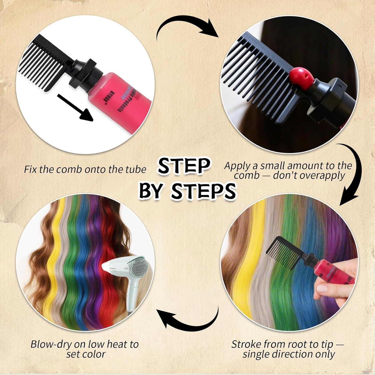 Byhoo Hair dye for Dark Hair, Temporary Hair Colour Comb for GIrl & Women. Great Gift on Birthday Halloween Christmas Cosplay Party, Easy Washable and Safety Hair Chalk Comb(6 Bright Colour)
