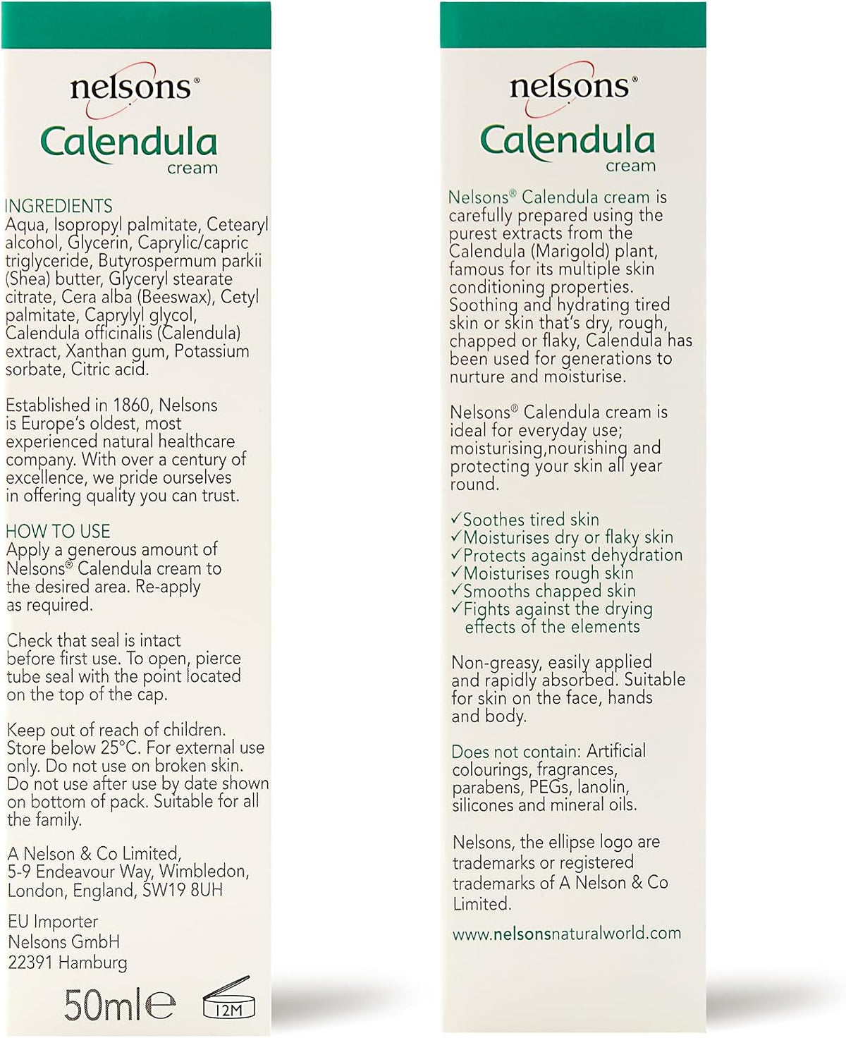 Nelsons Calendula Cream (50ml), Gentle Moisturiser For Face Hands Body, For Soothing and Hydrating Dry, Rough Skin, Non-Greasy, Paraben & Fragrance Free, Uses Calendula (Marigold) Plant Extracts