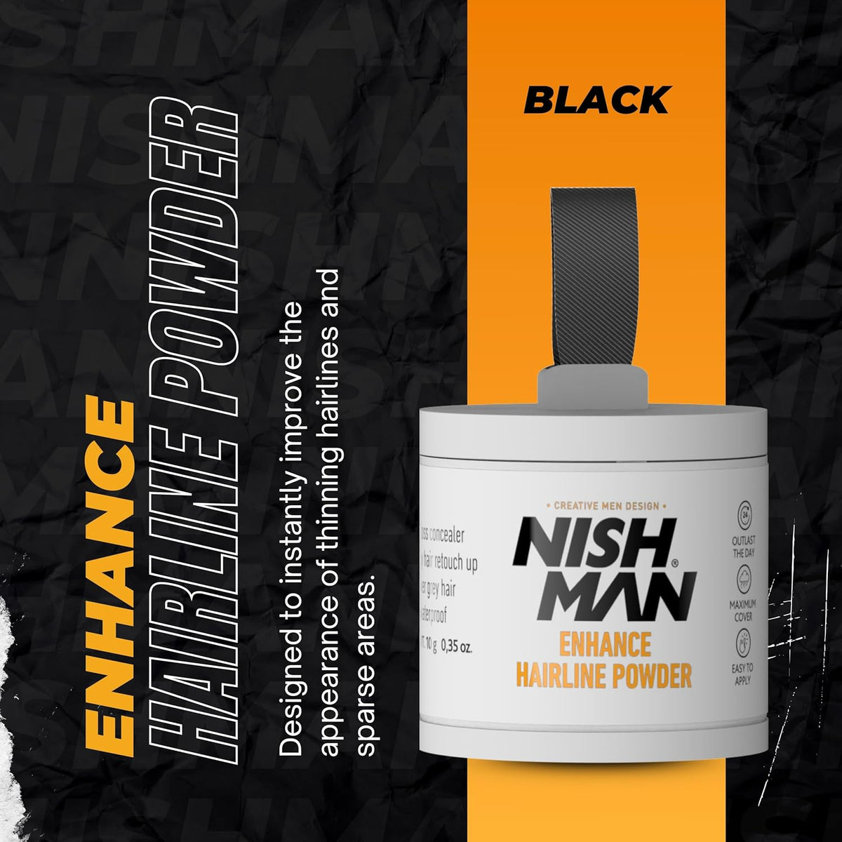 NISHMAN Enhance Hairline Powder – Black 10g – Hairline Filler for Men – Conceals Hair Gaps and Thinning Areas – Adds Natural Density and Sharp Definition – Lightweight, Smudge-Free Formula