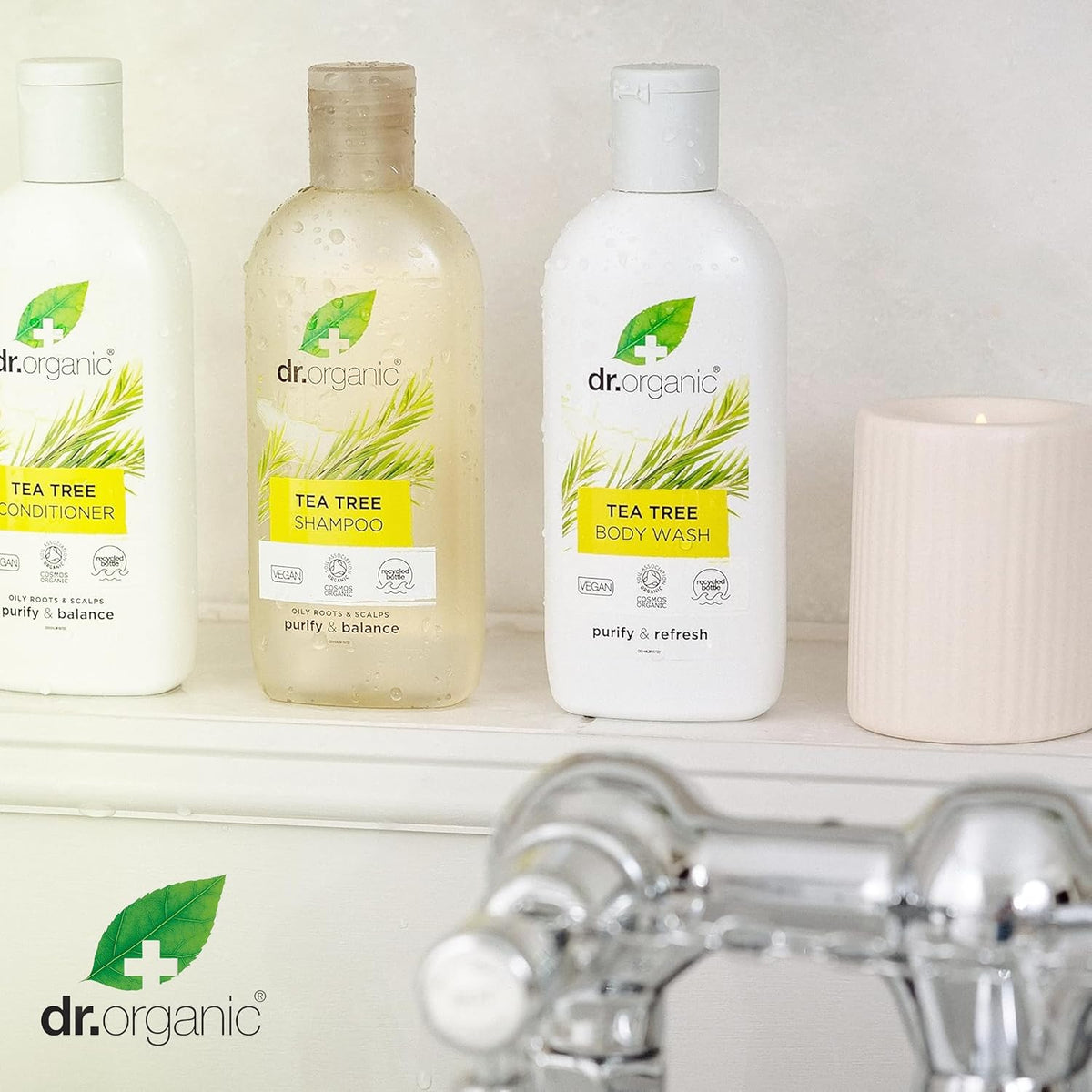 Dr Organic Tea Tree Body Wash, Shower Gel, Natural, Vegan, Cruelty-Free, Paraben & SLS-Free, Recyclable & Recycled Ocean Bound Plastic, Certified Organic, 250ml, Packaging may vary