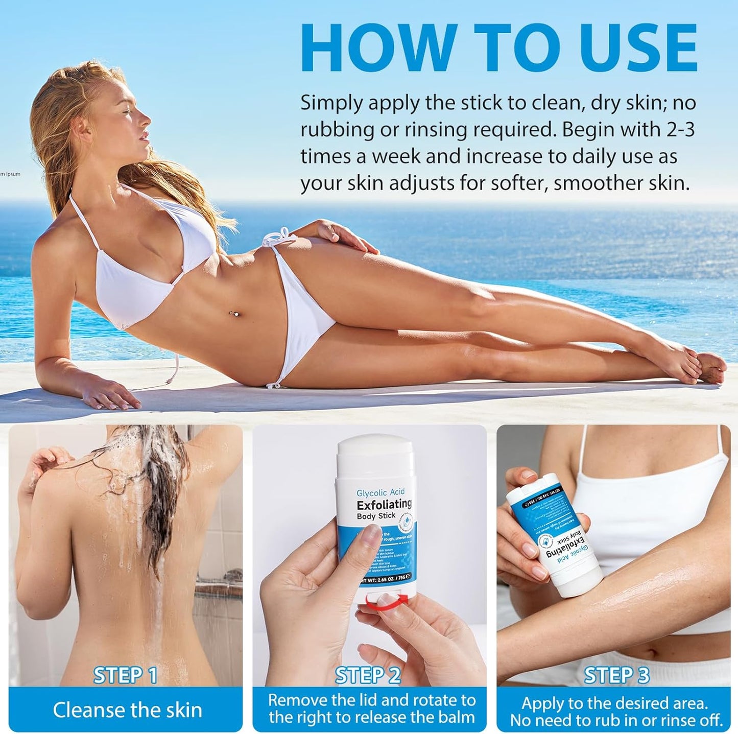 Exfoliating Body Stick with AHA 7% + BHA 0.5% — Smooth & Soft Skin Formula — Solid Non-Messy Texture — With Shea Butter for Nourishing Care — For Arms, Legs, Inner Thighs, Underarms & Rough Areas