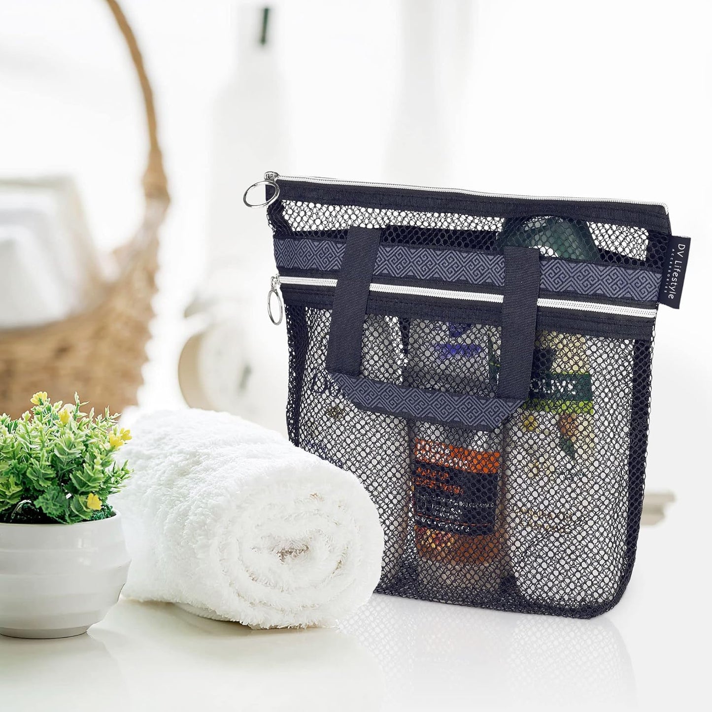DV Lifestyle Mesh Shower Bag 25 x 26cm Caddy with Zipper & 2 Pockets. Quick-Dry Portable Toiletry Tote for Bathroom, Gym, Travel, Camp, Beach, for Sunscreen, Dorm & College Essentials (Black)