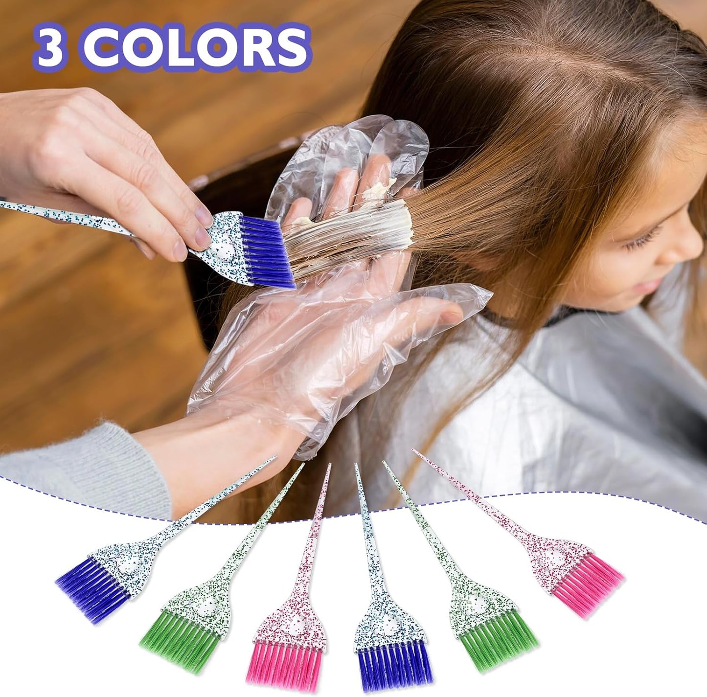 ASTER 6-Piece Hair Dye Brush Set - Soft Bristle Tint Brushes with Glitter Handle for DIY Salon Hair Dyeing, 3 Colors