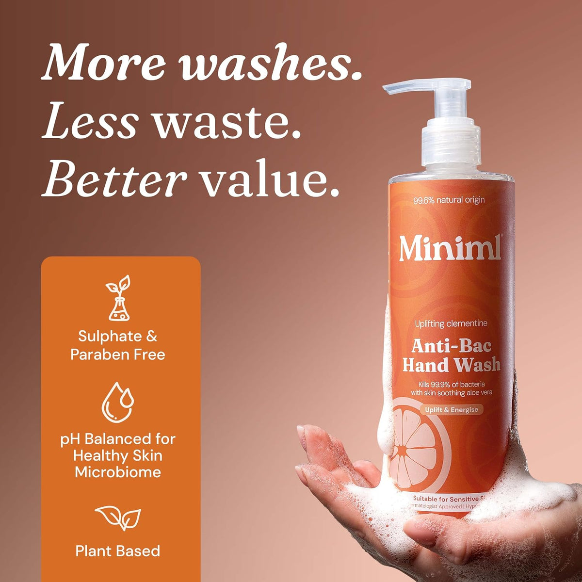 Miniml Anti-Bac Natural Hand Wash - Uplifting Clementine 400 ml, Kills 99.9% of Bacteria, 99.6% Natural, Vegan & Cruelty-Free Liquid Soap for Sensitive Skin