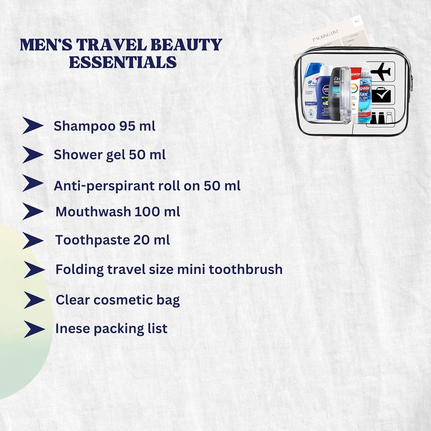 Men’s Travel Toiletries Set – Airport Approved Travel Size Toiletries Kit for Men, Overnight Essentials for Hospital, Camping & Holidays, Clear Travel Bag
