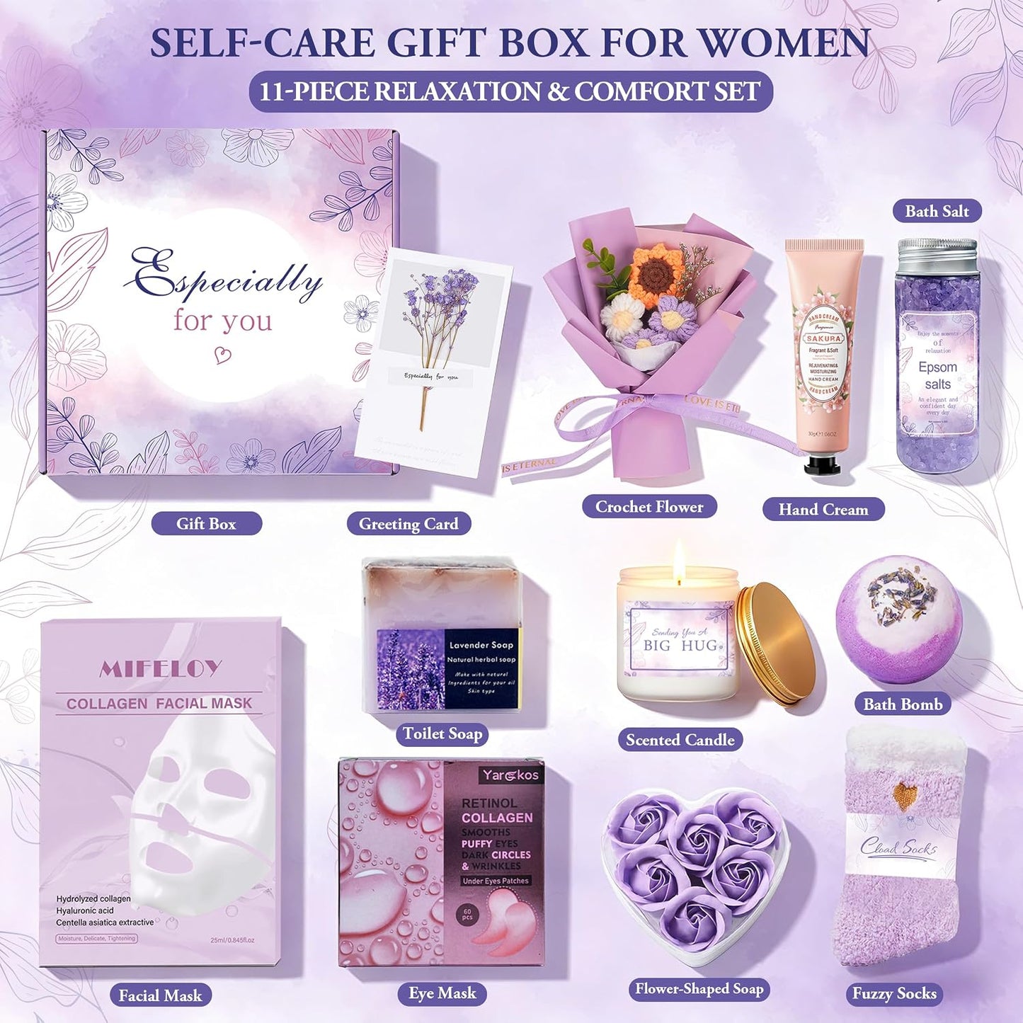 Birthday Gifts for Women, 11 Pcs Self Care Gift Basket Set for Friend Mum Sister, Purple Themed Get Well Soon Pamper Box, Relaxation Spa Presents for Her, Inspirational Cheer Up Thank You Care Pack