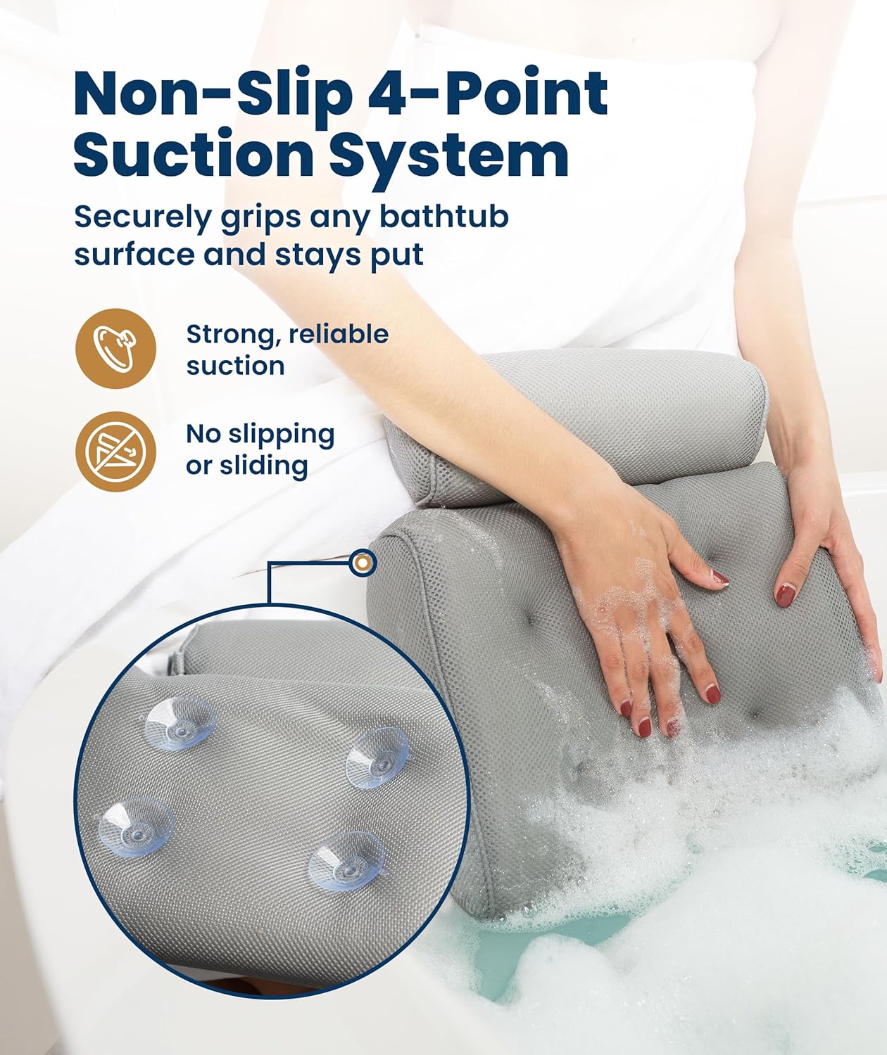 Everlasting Comfort Bath Pillow – Bath Cushion for Head and Neck Support – Quick Dry Waterproof Mesh – Luxury Bath Accessories with Suction Cups – Bath Pillows for Head and Neck – Grey