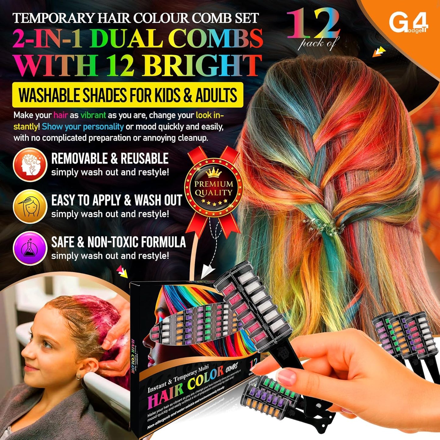 G4GADGET 2-in-1 Hair Chalk Comb Set – 12 Vibrant Temporary Hair Colours (6 Dual Combs) | Instant Washable Non-Toxic Hair Dye for Girls, Kids & Women | Fun Party, Cosplay & Festival Hair Colour Gift Se