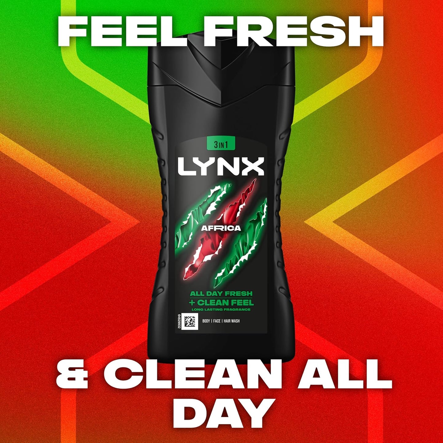 Lynx Men Africa 3-in-1 Hair, Face and Body Wash Shower Gel with mandarin & sandalwood for an all day fresh & clean feel 225 ml, Pack of 3