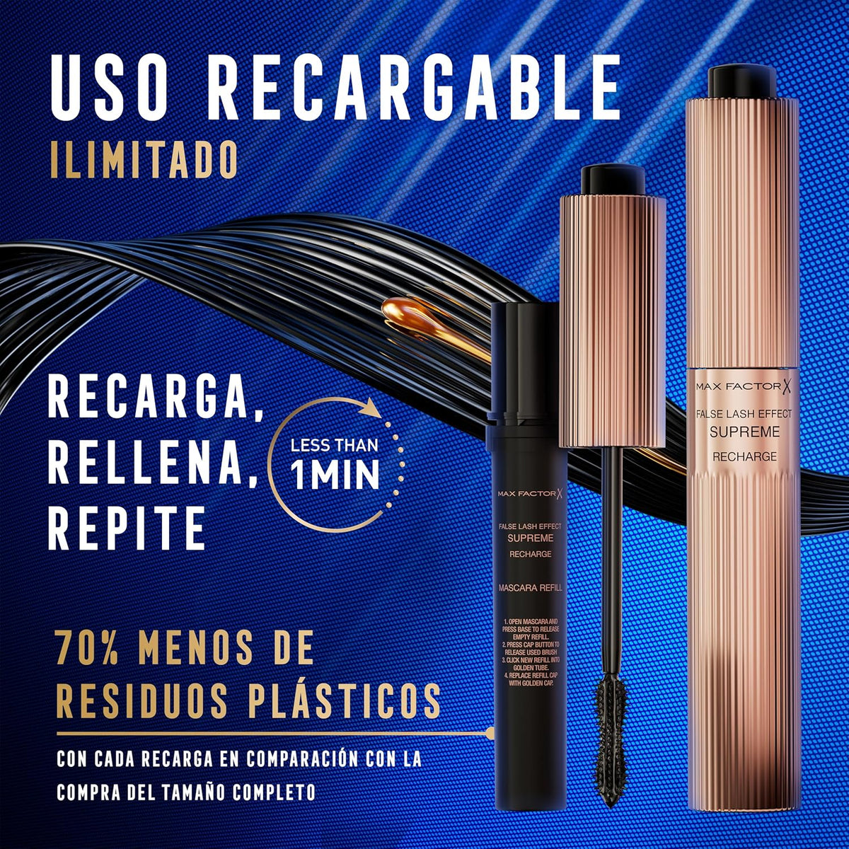 Max Factor False Lash Effect Supreme Recharge Mascara - Black, Instant 7x Volume, Healthier-Looking Lashes, Keratin-Rich Formula, Refillable Mascara
