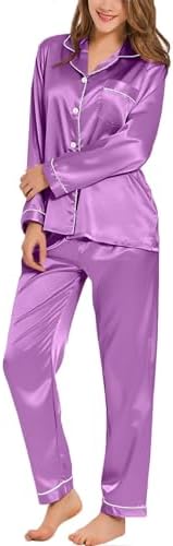 SWOMOG Women's Pyjama Set Silk Satin Long Sleeve Button Down Pyjamas Two Piece Comfy Sleepwear and Loungewear Set