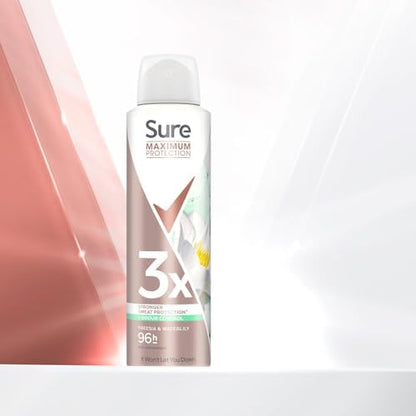 Sure Antiperspirant Freesia &amp; Water Lily 96H Nonstop Sweat and Odour Protection Alcohol-Free Body Spray with Light and Fresh Scent Deodorant for Women, 150ml Pack of 3