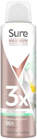 Sure Antiperspirant Freesia &amp; Water Lily 96H Nonstop Sweat and Odour Protection Alcohol-Free Body Spray with Light and Fresh Scent Deodorant for Women, 150ml Pack of 3
