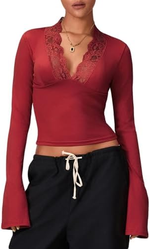 Womens Y2K Lace Long Sleeve Crop Tops Sexy Deep V-Neck Mesh Sheer Slim Fit T-Shirts Trendy Going Out Tops Streetwear