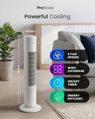 Pro Breeze® 30" Tower Fan, Ultra Quiet Operation, 7-Hour Digital Timer, Remote Control, 3 Cooling Fan Modes &amp; LED Light Indicator - Powerful &amp; Energy-Efficient Electric Fan for Home and Office - White