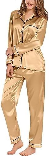 SWOMOG Women's Pyjama Set Silk Satin Long Sleeve Button Down Pyjamas Two Piece Comfy Sleepwear and Loungewear Set