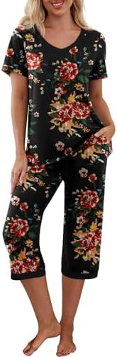 PrinStory Womens Pyjamas Set Short Sleeve T Shirt and Capri Pants Loungewear Sleepwear Pjs Sets with Pockets