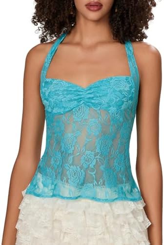 Women's Lace Floral Tank Tops Backless Halter Neck Vest Going Out Summer Tops