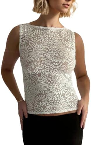 Women Sheer Mesh Tank Tops, Sexy Y2K Sleeveless Lace T-Shirts with Embroidered Floral, Slim Fit See Through Vest Top Clubwear Party Going Out Summer Shirt, Black/White, S-L