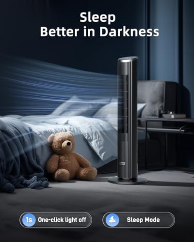 Ateroll Silent Tower Fan, Electric Cooling Fan, 90° Oscillating Bladeless Fan with Remote, 4 Speeds 3 Modes 12H Timer LED Display, Energy Efficient Standing Fan for Home Office, Black Fan