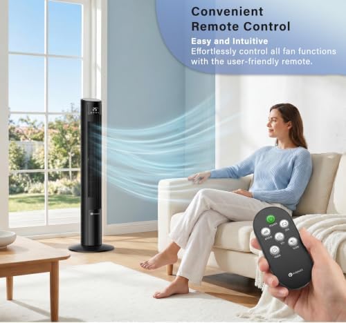 PureMate 47-Inch Tower Fan with Air Purifier, DC Motor Oscillating Electric Fan 28W,12 Speeds, LED Display, 4 Modes, 12H Timer, Quiet Standing Bladeless Fan for Large Bedroom, Home Office (Black)