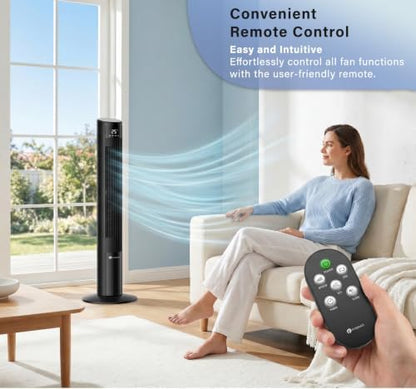 PureMate 47-Inch Tower Fan with Air Purifier, DC Motor Oscillating Electric Fan 28W,12 Speeds, LED Display, 4 Modes, 12H Timer, Quiet Standing Bladeless Fan for Large Bedroom, Home Office (Black)