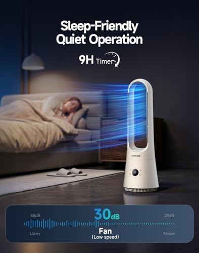 2 in 1 Bladeless Fan and Heater, 8 Speeds, 9H Timer, Tower Fan for Bedroom, Silent DC Motor, 90°Oscillating Floor Fan with Remote/APP, Safe Design Cooling Fans for Home, Office, White
