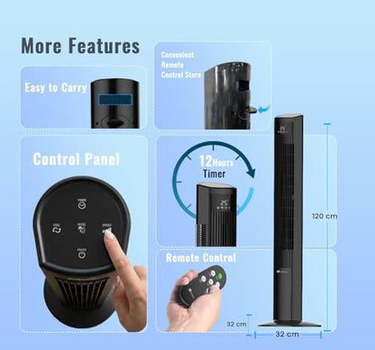 PureMate 47-Inch Tower Fan with Air Purifier, DC Motor Oscillating Electric Fan 28W,12 Speeds, LED Display, 4 Modes, 12H Timer, Quiet Standing Bladeless Fan for Large Bedroom, Home Office (Black)
