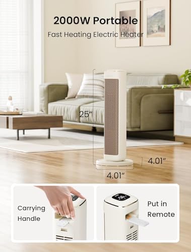 AIRMATE 25 Inch Electric Heater for Home Low Energy, 2000W Tower Space Heater, 80° Oscillating Portable Heaters, 5 Modes 24H Timer Overheat Tip Over Protection Ceramic Room Heater for Office Bedroom