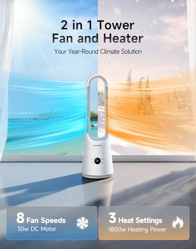 2 in 1 Bladeless Fan and Heater, 8 Speeds, 9H Timer, Tower Fan for Bedroom, Silent DC Motor, 90°Oscillating Floor Fan with Remote/APP, Safe Design Cooling Fans for Home, Office, White