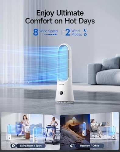 2 in 1 Bladeless Fan and Heater, 8 Speeds, 9H Timer, Tower Fan for Bedroom, Silent DC Motor, 90°Oscillating Floor Fan with Remote/APP, Safe Design Cooling Fans for Home, Office, White