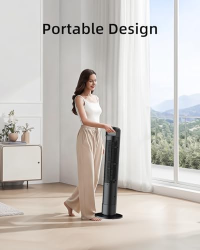 Ateroll Silent Tower Fan, Electric Cooling Fan, 90° Oscillating Bladeless Fan with Remote, 4 Speeds 3 Modes 12H Timer LED Display, Energy Efficient Standing Fan for Home Office, Black Fan