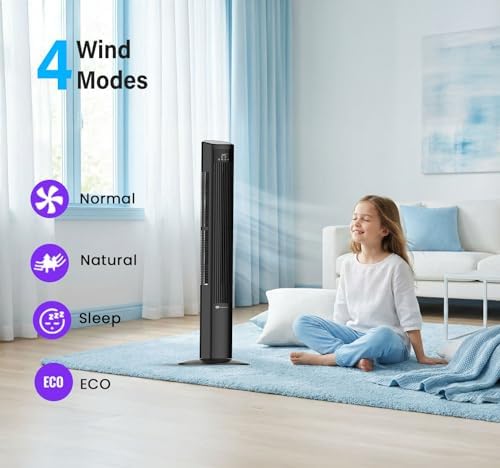 PureMate 47-Inch Tower Fan with Air Purifier, DC Motor Oscillating Electric Fan 28W,12 Speeds, LED Display, 4 Modes, 12H Timer, Quiet Standing Bladeless Fan for Large Bedroom, Home Office (Black)