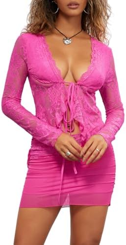 LYSINK Women's Lace Outfits Sexy See Through Lace Open Front Tie Up Tops and Mini Skirt 2 Piece Sets