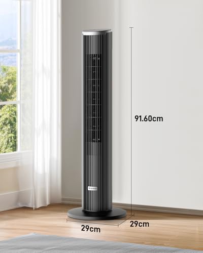 Ateroll Silent Tower Fan, Electric Cooling Fan, 90° Oscillating Bladeless Fan with Remote, 4 Speeds 3 Modes 12H Timer LED Display, Energy Efficient Standing Fan for Home Office, Black Fan