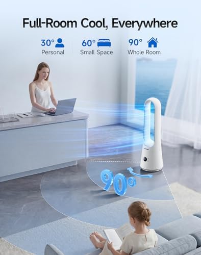 2 in 1 Bladeless Fan and Heater, 8 Speeds, 9H Timer, Tower Fan for Bedroom, Silent DC Motor, 90°Oscillating Floor Fan with Remote/APP, Safe Design Cooling Fans for Home, Office, White