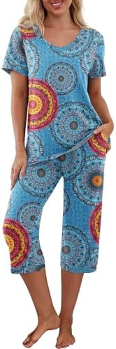 PrinStory Womens Pyjamas Set Short Sleeve T Shirt and Capri Pants Loungewear Sleepwear Pjs Sets with Pockets