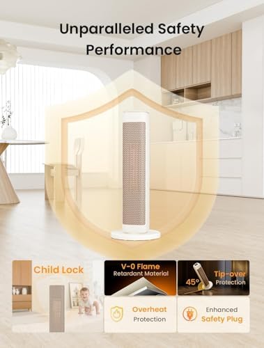 AIRMATE 25 Inch Electric Heater for Home Low Energy, 2000W Tower Space Heater, 80° Oscillating Portable Heaters, 5 Modes 24H Timer Overheat Tip Over Protection Ceramic Room Heater for Office Bedroom