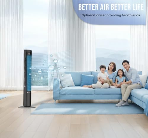PureMate 47-Inch Tower Fan with Air Purifier, DC Motor Oscillating Electric Fan 28W,12 Speeds, LED Display, 4 Modes, 12H Timer, Quiet Standing Bladeless Fan for Large Bedroom, Home Office (Black)