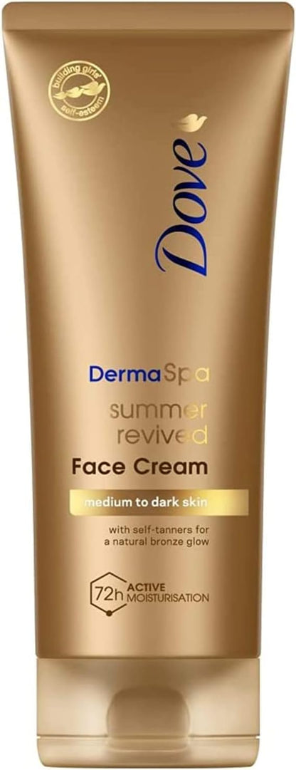 Dove Unilever DermaSpa Body Lotion Summer Revived Self-Tanning Medium to Dark, 200ml with Dove Derma Spa Face Cream Summer Revived Medium to Dark, 75ml, 2 Piece Set
